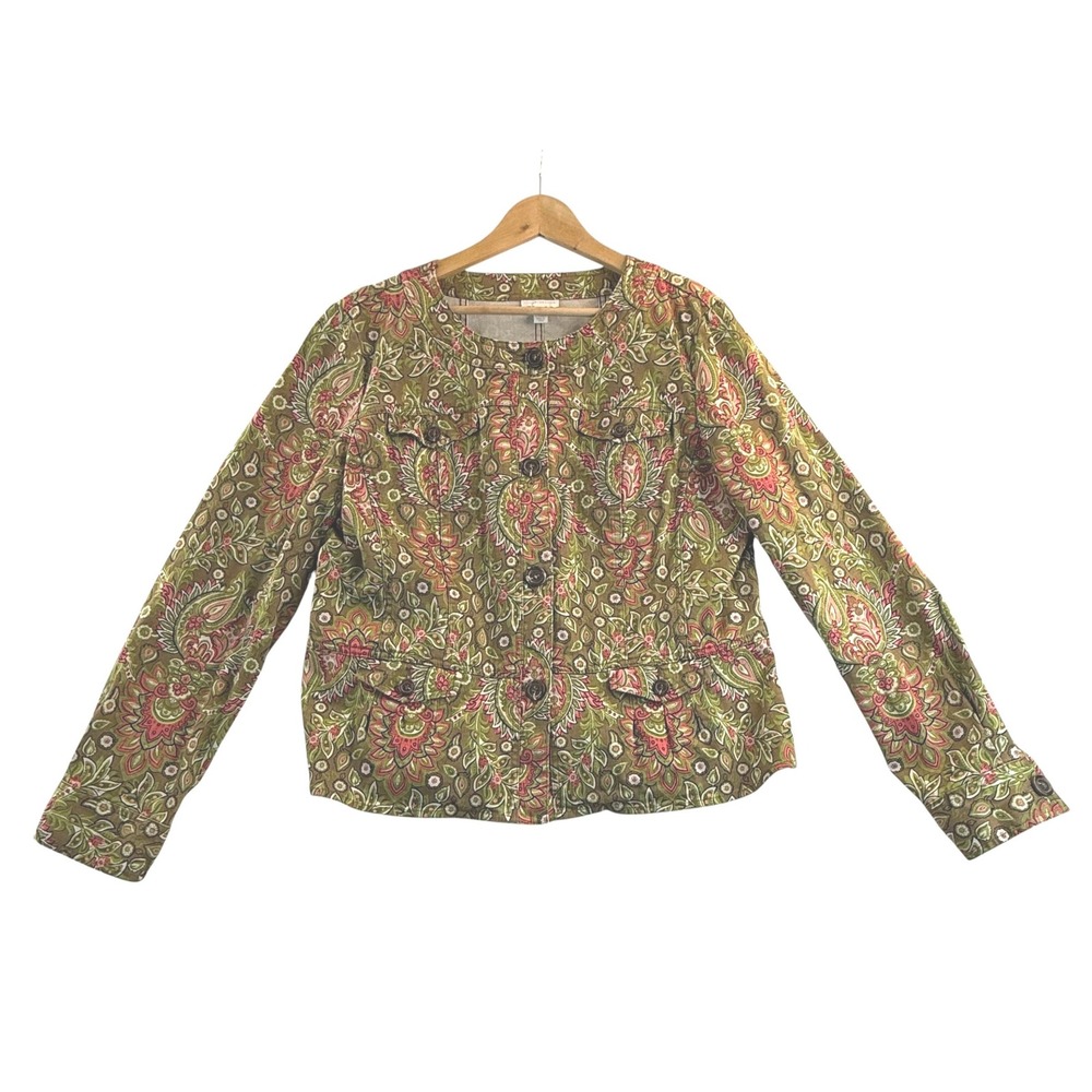 Charter Club Jacket XL Green Pink White Paisley Floral Button Front Long Sleeve